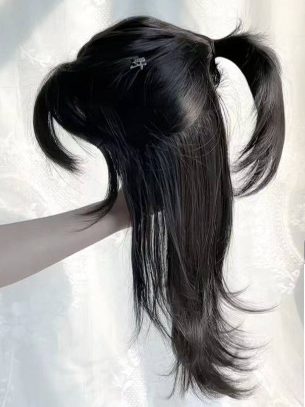 Blonde/Black 45cm Long Straight Wig with Curtain Bangs - Hui Ran