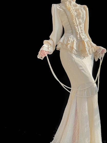 Classic Apricot Elegant Lolita with + Ruffled Set Details Blouse Lace Mermaid Skirt Long Sleeves