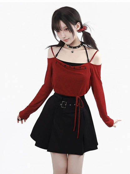 Off-Shoulder Black Red Long Sleeve Top - PINK SAVIOR