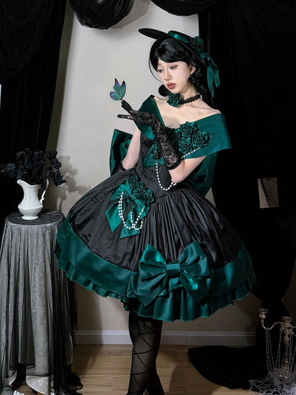 Green Black Off-Shoulder Boned Lolita Gown - Treasure Box Factory
