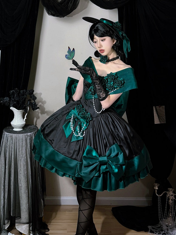 Green Black Roses Off-Shoulder Boned Lolita Set - Treasure Box Factory
