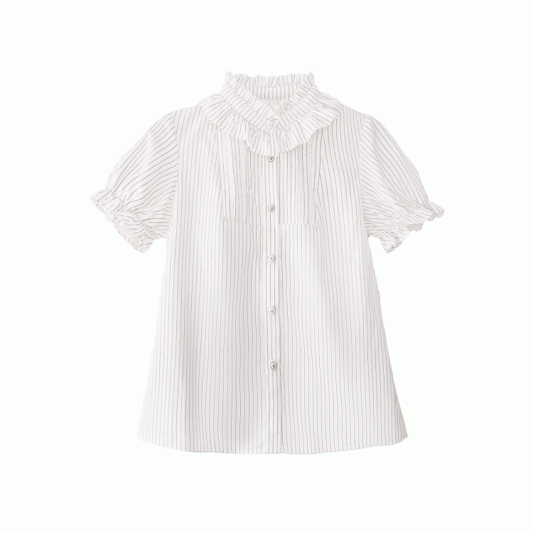 Beige Striped Blouse with Puff Sleeves and Ruffle Neckline