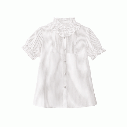 Beige Striped Blouse with Puff Sleeves and Ruffle Neckline