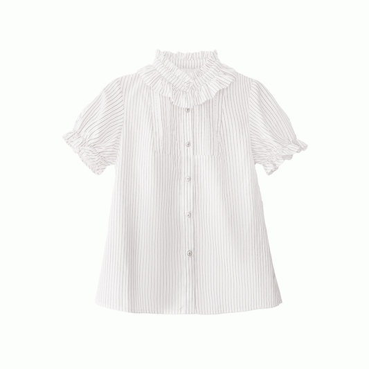 Beige Striped Blouse with Puff Sleeves and Ruffle Neckline