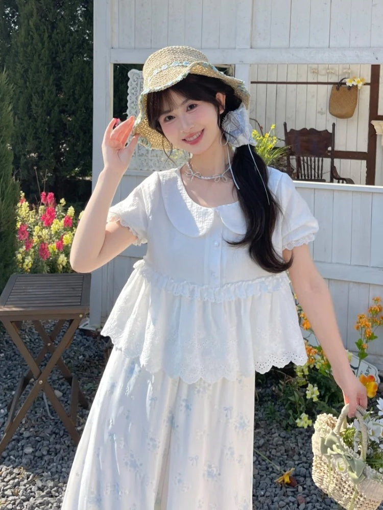 レーストリムブラウス ホワイト ピーターパンカラー パフスリーブ