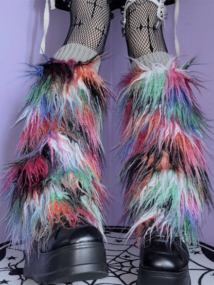 Bunte zottelige Beinwärmer aus Kunstpelz