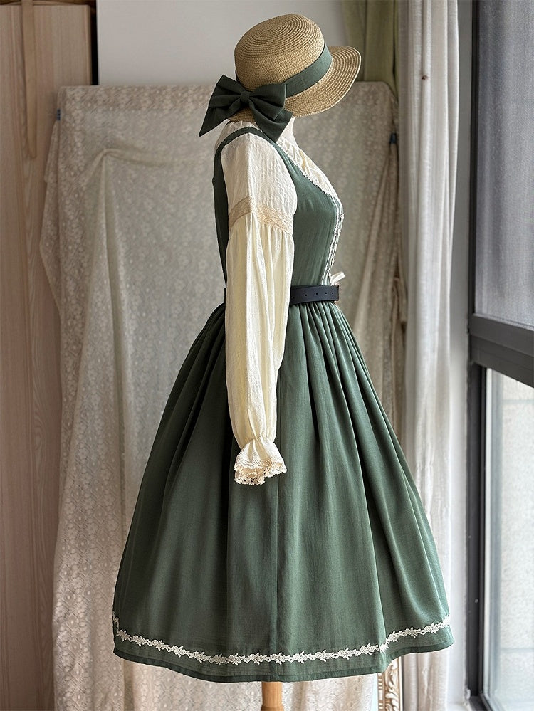 Green & Beige Round Neck Long-sleeved Elegant Classic Lolita Dress with Lace-Up Front