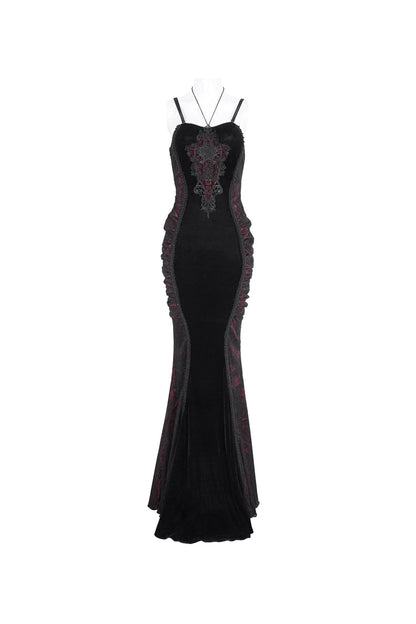 Black and Red High-Waisted Embroidered Women's Gothic Dress