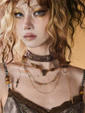 Braune Halskette mit Kreuzanhänger, Punk-Perlen-Halsband mit Ödland
