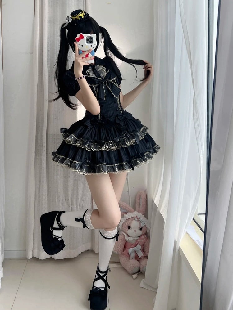 und Schleife Lolita Schwarze Akzente Gestreiftes Idol Stoff Goldkleid