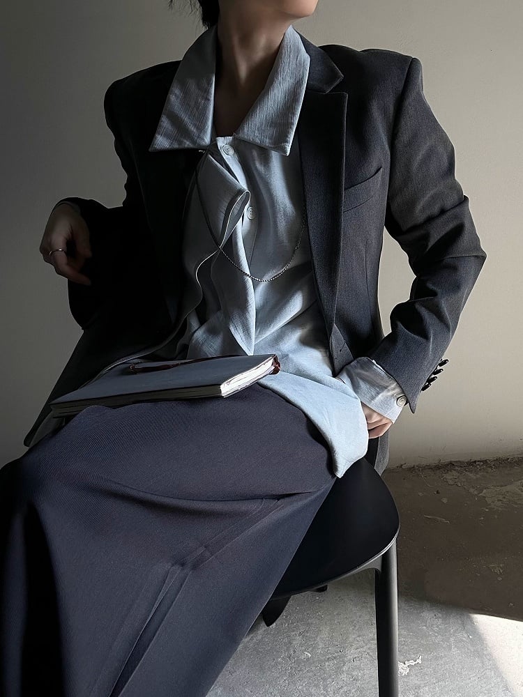 Retro Light Ouji Long with Shirt Cuff Lolita Pointed Ribbon Draping Button Blue Collar