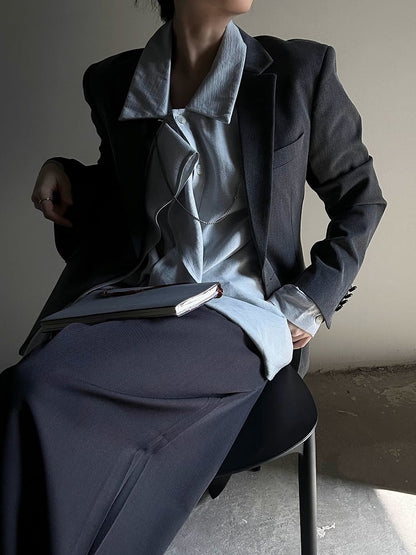 Retro Light Ouji Long with Shirt Cuff Lolita Pointed Ribbon Draping Button Blue Collar