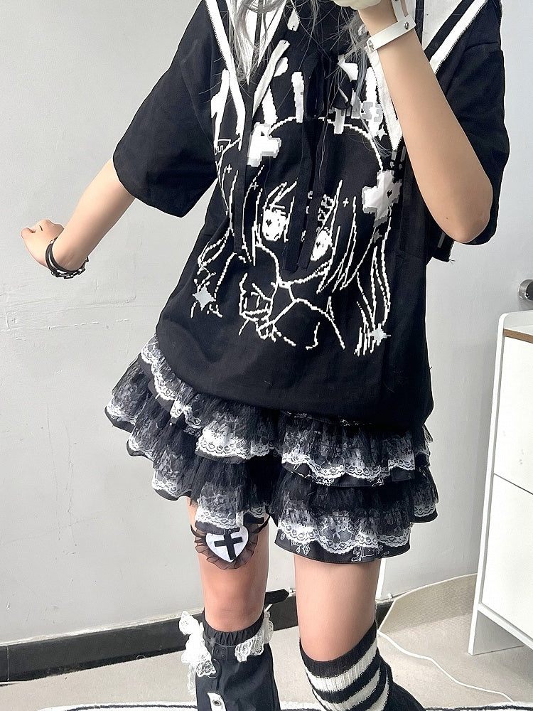 Vintage Skirt Trim Lace Punk BlackWhite/BlackPurple Tiered with