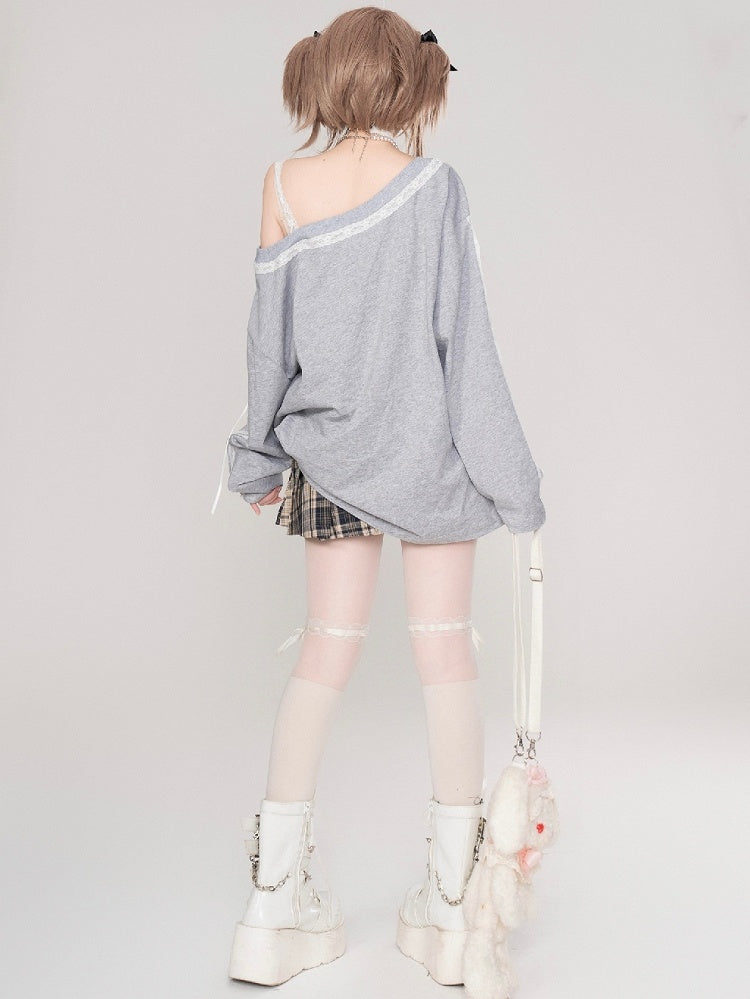 Grey Cartoon Lace Accents Asymmetrical Neckline Top