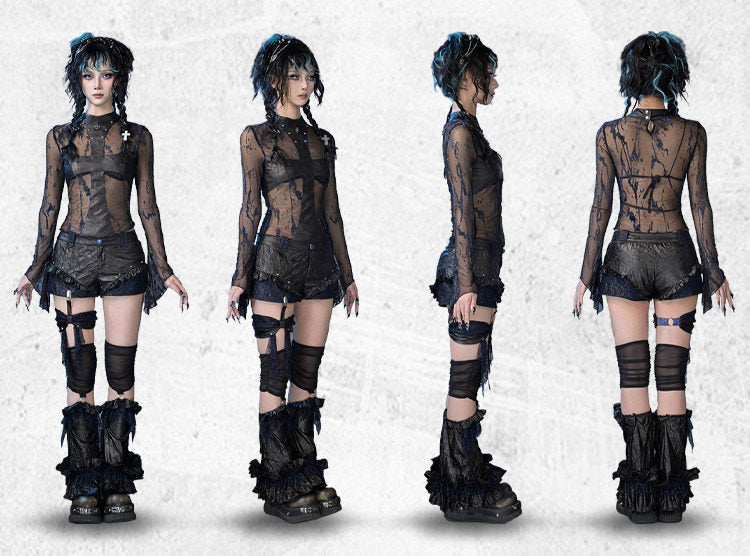 Studs and Mesh Design with Lace Cross Top