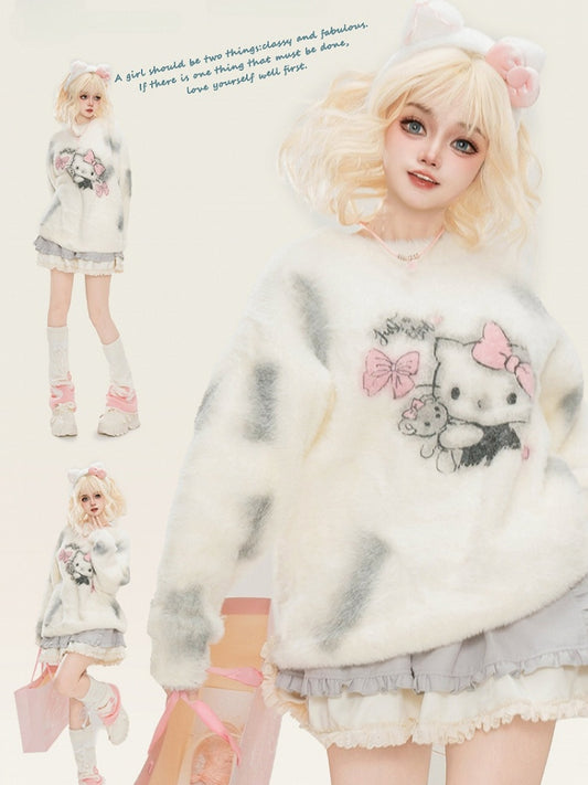 ミルクホワイトキティグラフィックディストレストリムルーズセーター