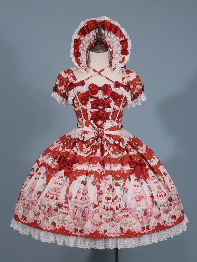 Set Sweet Print / Volle Erdbeere Lolita Schleife Kuchen Kleid Akzente Rot