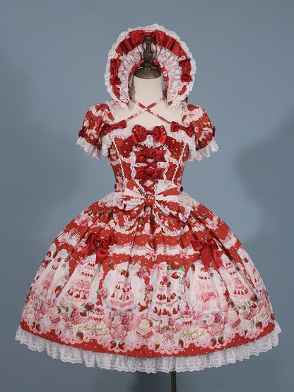 Set Sweet Print / Volle Erdbeere Lolita Schleife Kuchen Kleid Akzente Rot