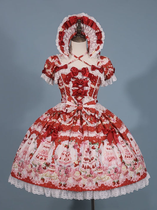 Set Sweet Print / Full Strawberry Lolita Bow Cake Dress Accents Red