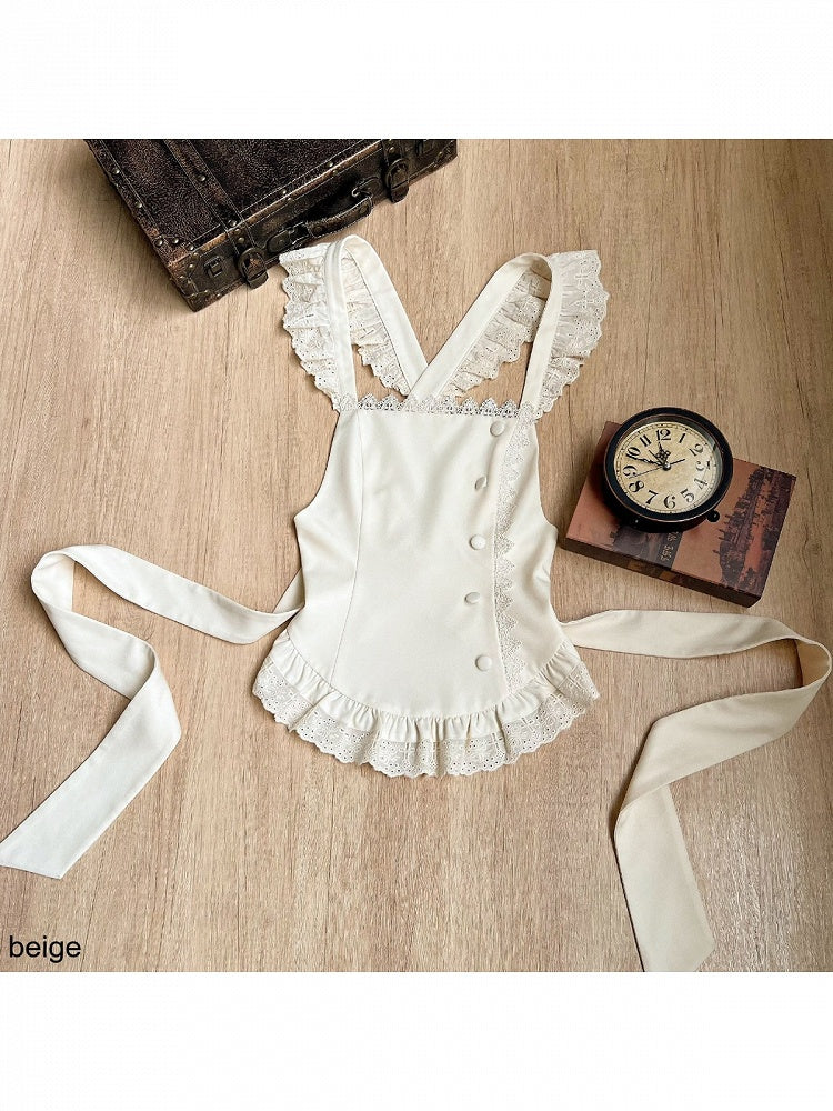Lolita Apron in Beige and White with Delicate Lace Trim Detailing - With PUJI
