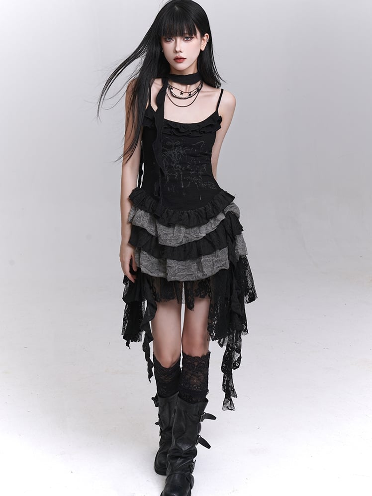Patchwork Black Lace Cascading Ruffles Skirt