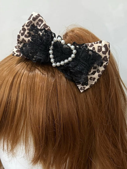 Pattern Pink/Black Leopard Beaded Bowknot Heart Decorated Hairclip