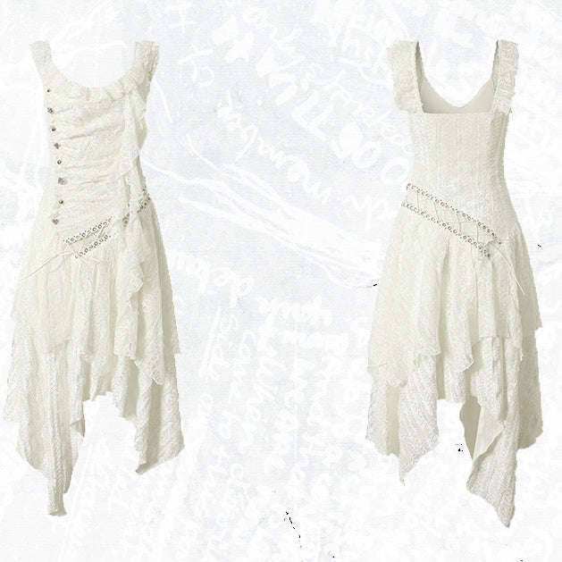 Punk Handkerchief Wasteland White Hem Lace-up Sleeveless Design Dress