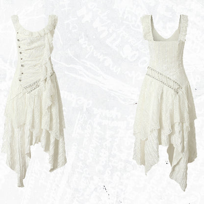 Punk Handkerchief Wasteland White Hem Lace-up Sleeveless Design Dress