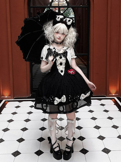 Black White Polka Dot Gothic Lolita Jumper Skirt with Bows Striped Hem - Tan Tuan