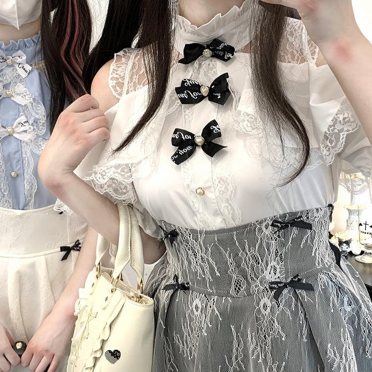 コントラストオープンパッチケイレースブラウスジライホワイト/ピンク/ブルーショルダー