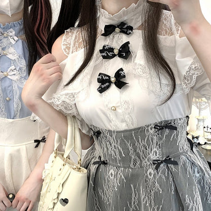 コントラストオープンパッチケイレースブラウスジライホワイト/ピンク/ブルーショルダー