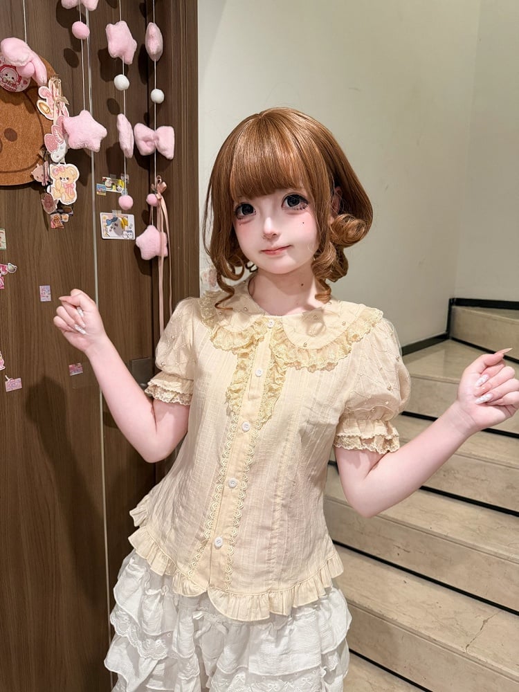 Beige Short Sleeves Lolita Cotton Blouse Lace Trim Bead Details - Jelly Girl