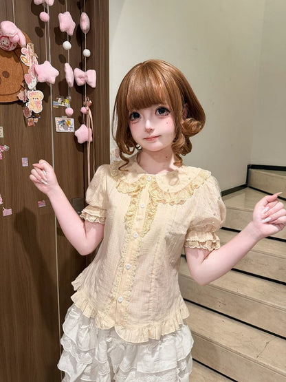 Beige Short Sleeves Lolita Cotton Blouse Lace Trim Bead Details - Jelly Girl