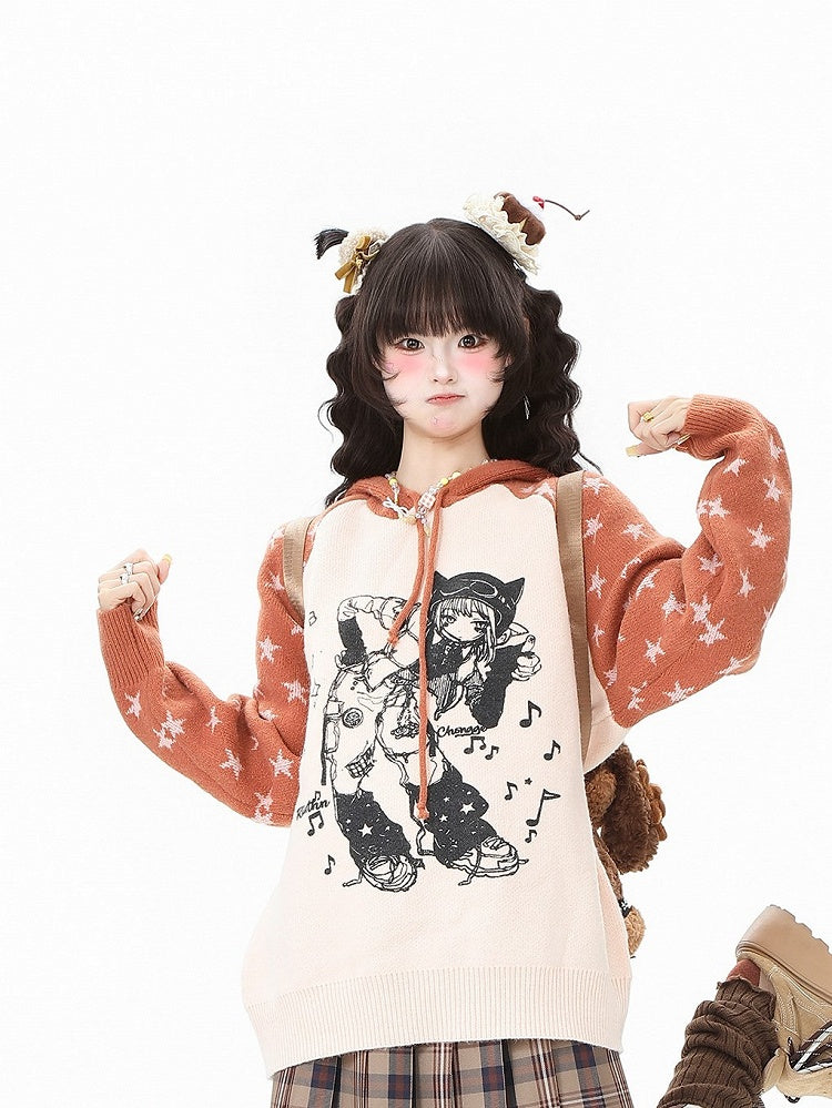 Orange Cartoon Kawaii - Pattern Pink/Green Sweater Girl and Star Drawstring Daily Hood