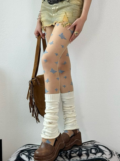 Nude Fashion Tights Embroidered Butterfly Gyaru