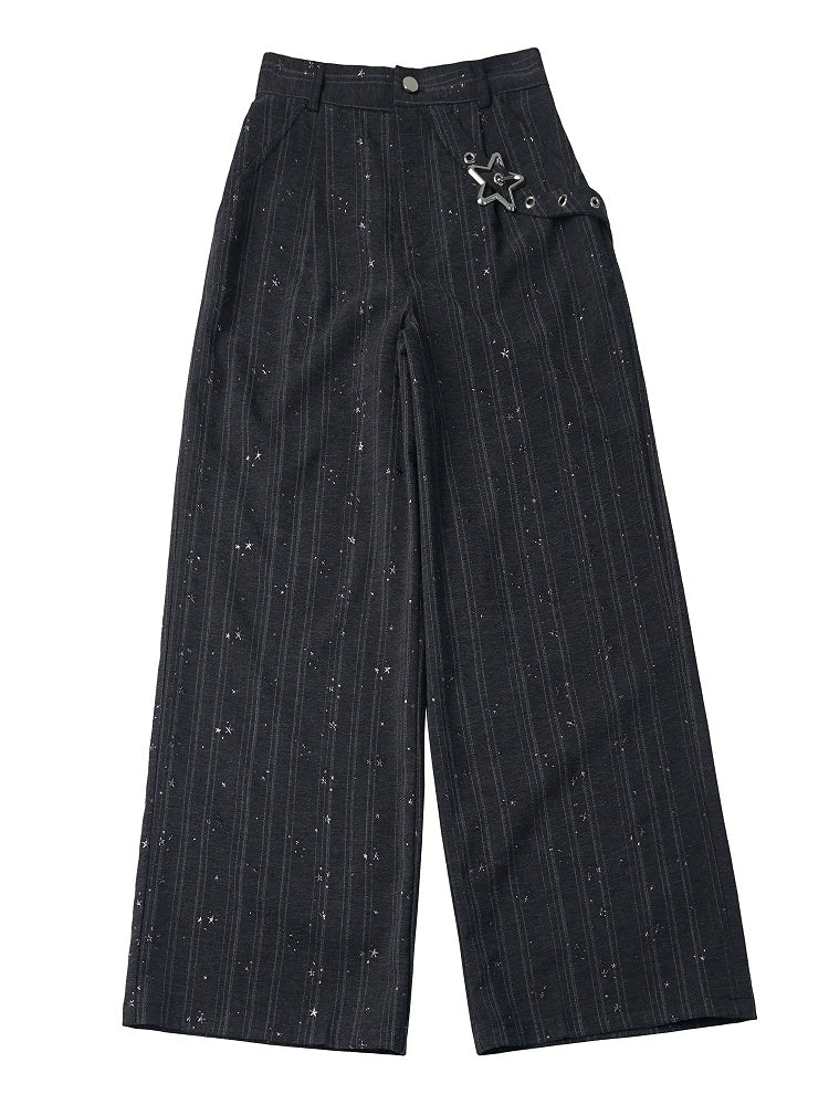 Buckle-Strapped Straight Trousers with Glittering Star Stripe Motif in Black - PINK SAVIOR