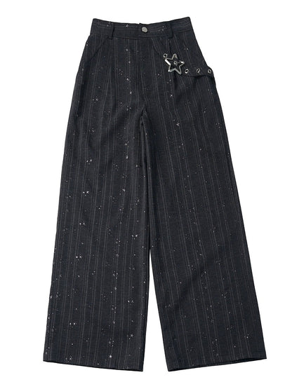 Buckle-Strapped Straight Trousers with Glittering Star Stripe Motif in Black - PINK SAVIOR