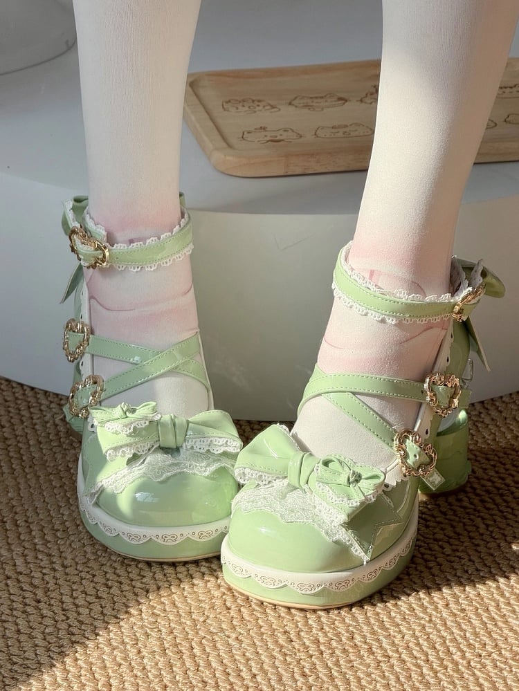 Green in Sweet Lace-trimmed Bow Platform Transparent Heels Ball - Lolita Light Shoes