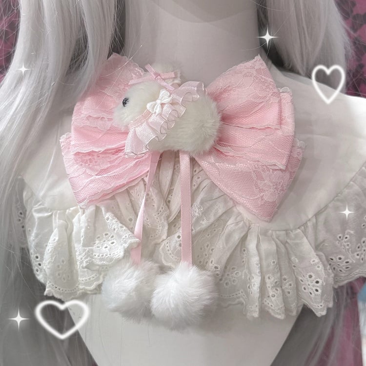Pom-Poms Set Lace - Bunny Bow Accent Fluffy with Lolita Pink