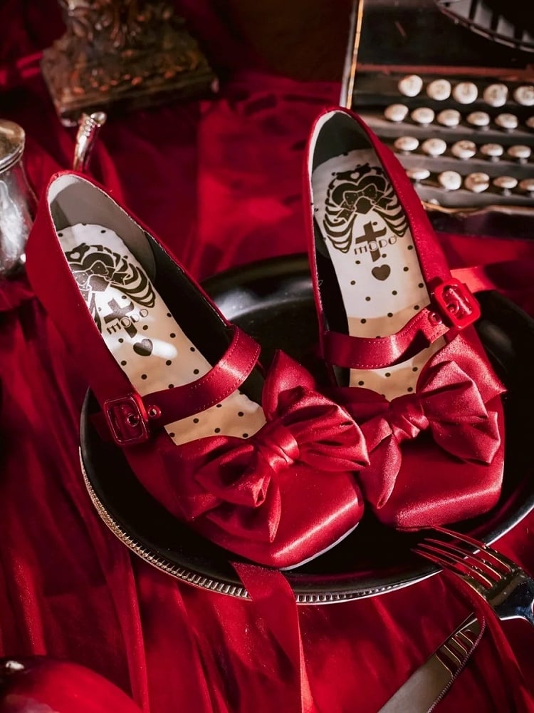 Bow Red Toe Wine Ankle Middle Heels Lace-up Lolita at Top - Elegant Square