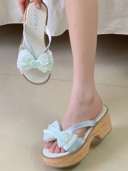 Lolita - Top Bow Slippers Satin Sole Mint Grain Wa at Platform Wood