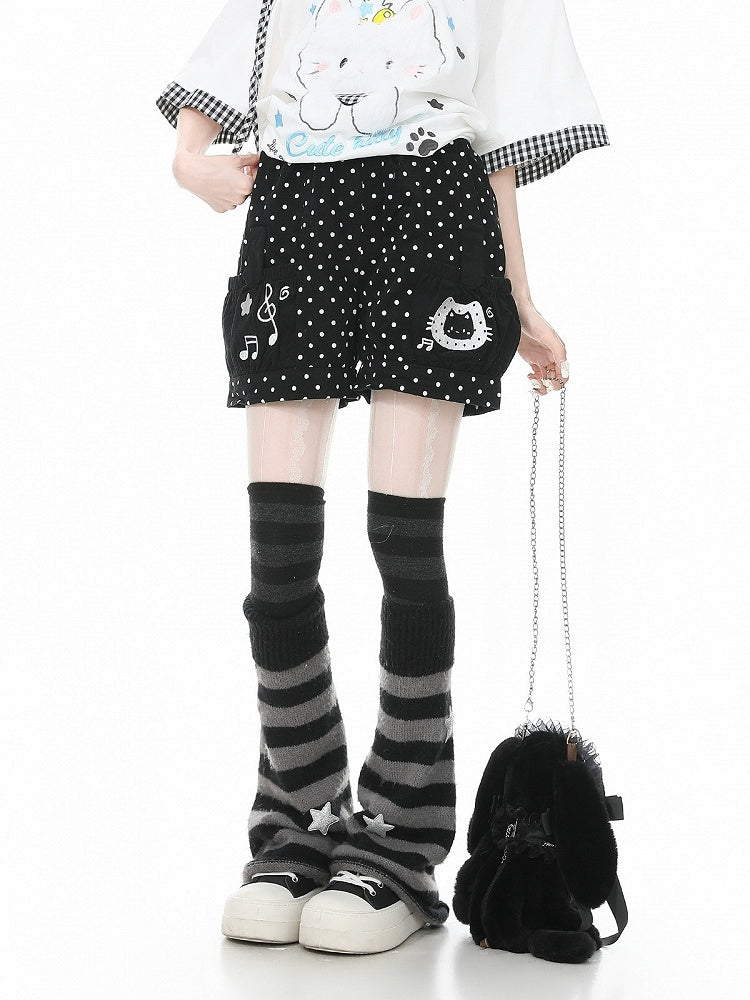 Black Polka Dot Shorts with Kitty & Music Embroidery - Languid Park