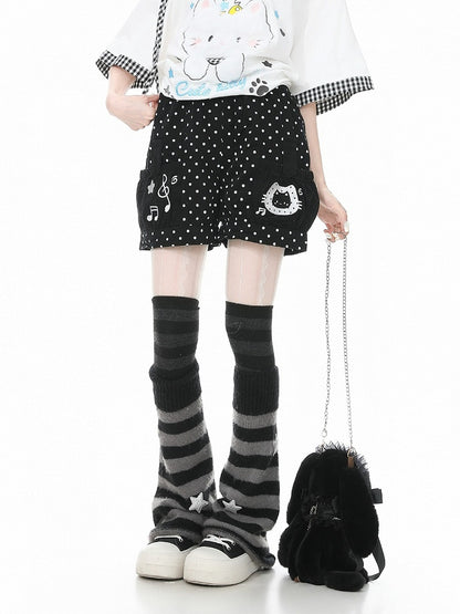 Black Polka Dot Shorts with Kitty & Music Embroidery - Languid Park