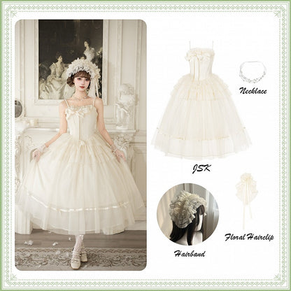Creamy Boned Waist Elegant Lolita Long JSK Dress + Necklace + Hairband + Floral Hairclip - With PUJI