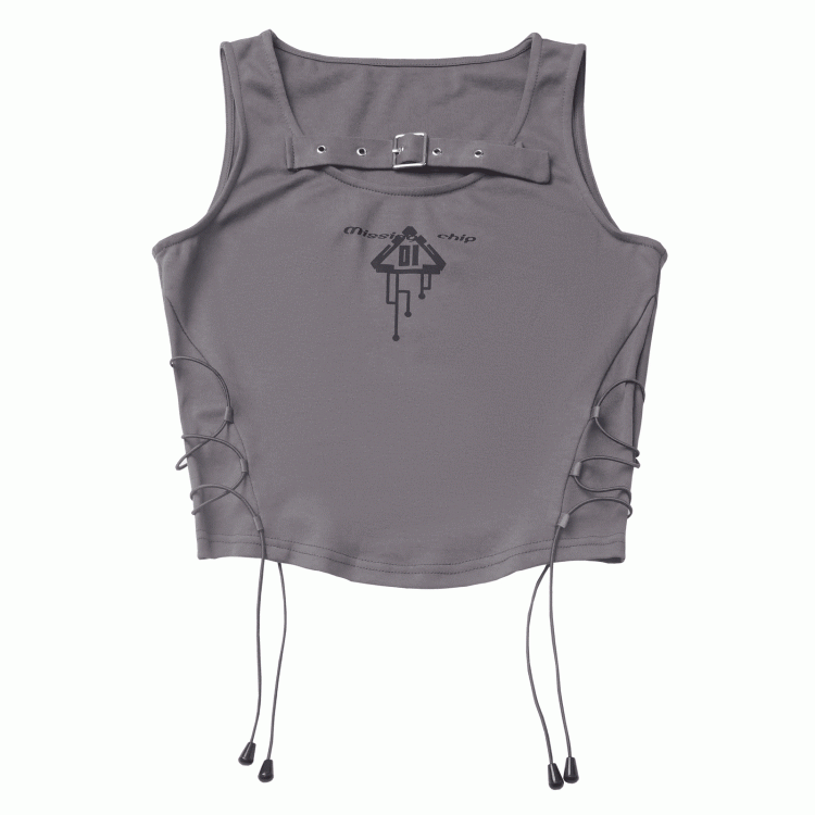 Buckle Strap Neckline Lace-up Side Gray Techwear Tank Top