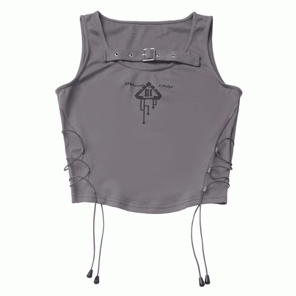 Buckle Strap Neckline Lace-up Side Gray Techwear Tank Top