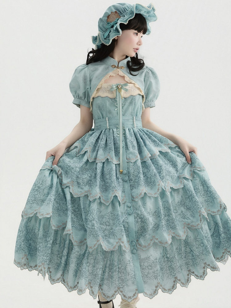 Jumper with Trim Scallop Skirt Blue Classic Layered Print Embroidered Lolita Floral