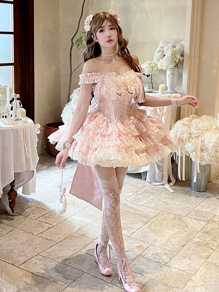 Rose Layered Lace Balletcore Accents Pink Beige Dress with