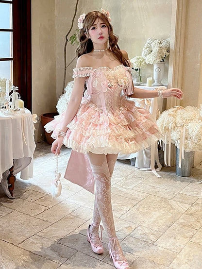 Rose Layered Lace Balletcore Accents Pink Beige Dress with