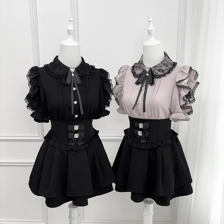 Trim Kei Spitze Jirai Cutout Schleife Peter Kragen Krawatte Schulter mit Bluse Pan Schwarz